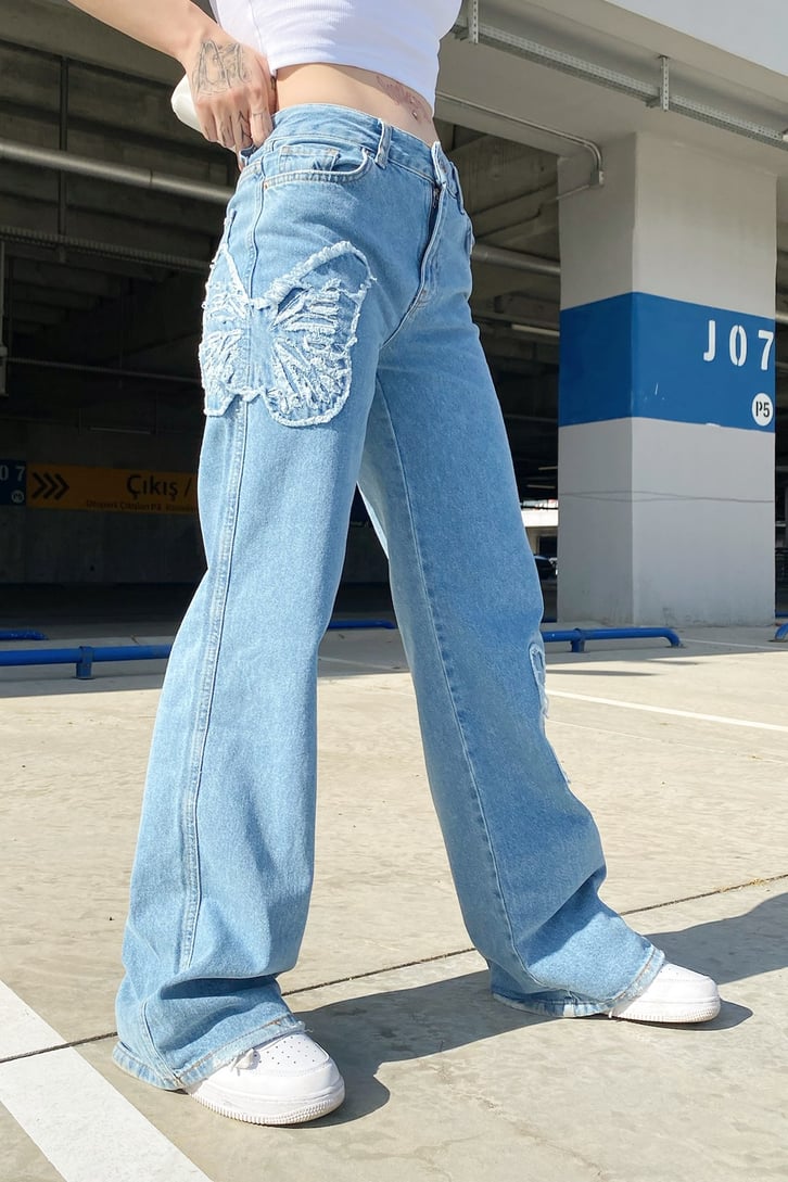 Butterfly Nakışlı Mavi Baggy Jean