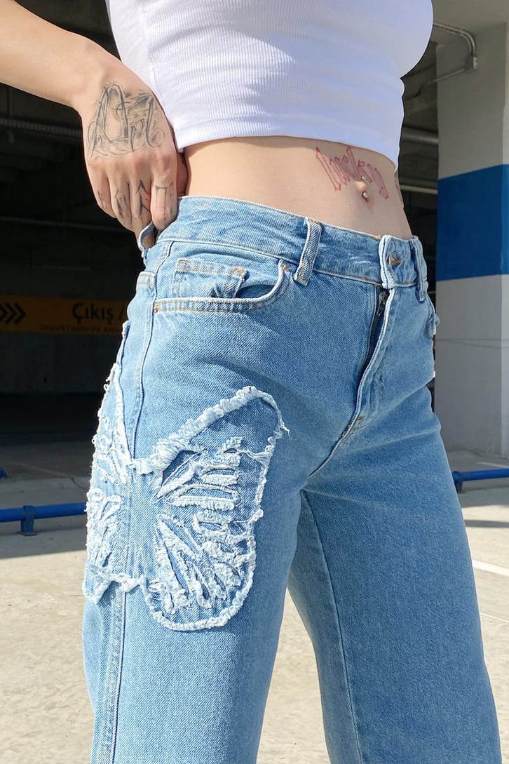 Butterfly Nakışlı Mavi Baggy Jean