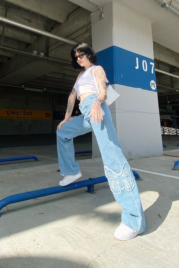 Butterfly Nakışlı Mavi Baggy Jean