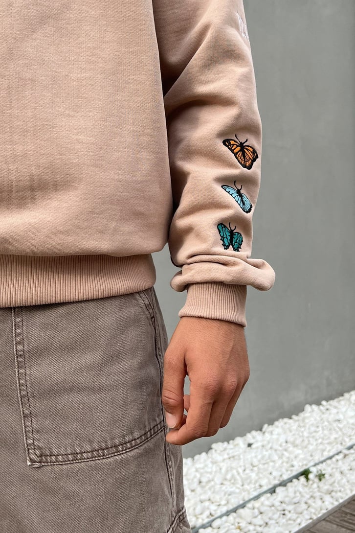 Butterfly Nakışlı Sütlü Kahve Oversize Sweatshirt