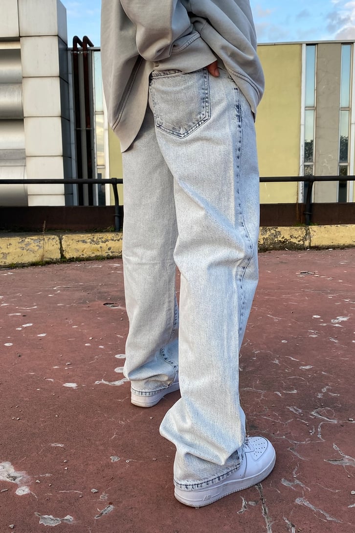 Buz Mavisi Taşlamalı Dikiş Detay Baggy Jean