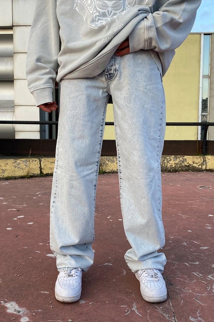 Buz Mavisi Taşlamalı Dikiş Detay Baggy Jean