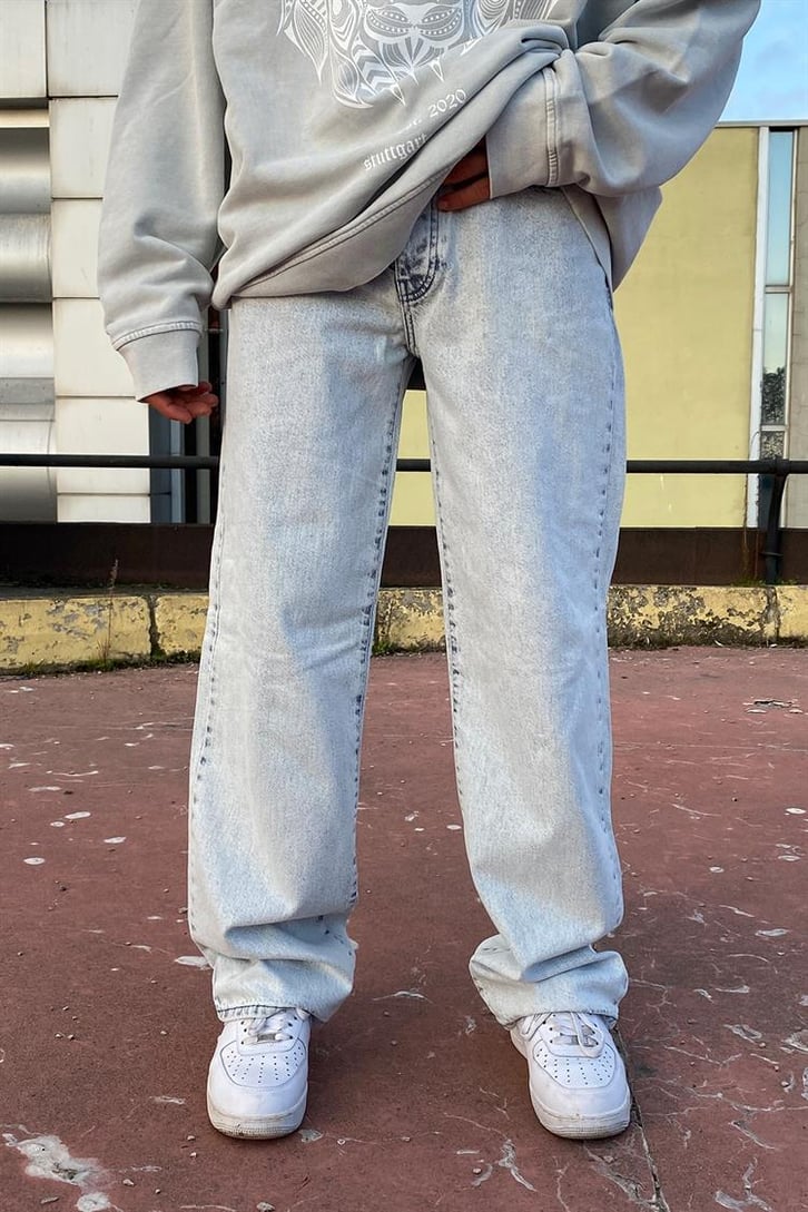 Buz Mavisi Taşlamalı Dikiş Detay Baggy Jean