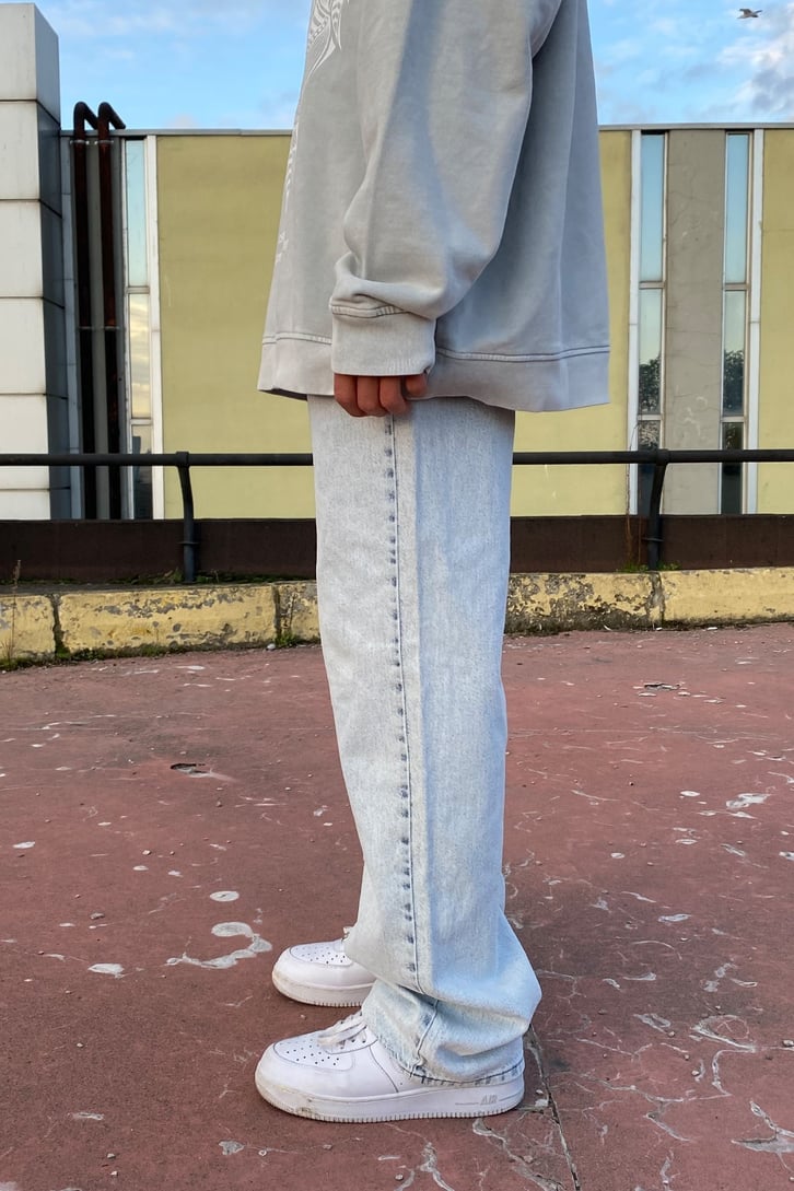 Buz Mavisi Taşlamalı Dikiş Detay Baggy Jean