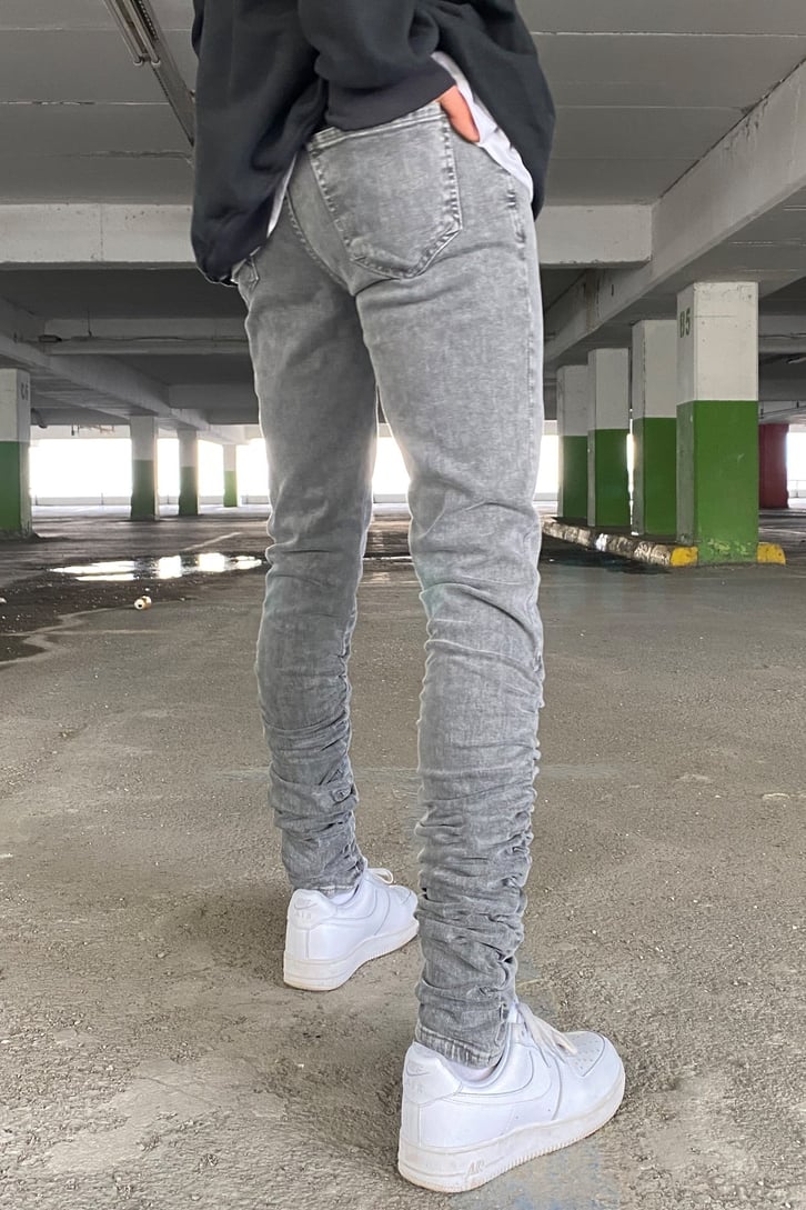 Büzgü Detay Gri Taşlamalı Skinny Fit Jean