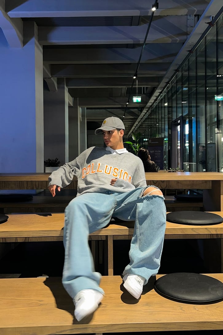 C Letter Oversize Gri Triko Kazak