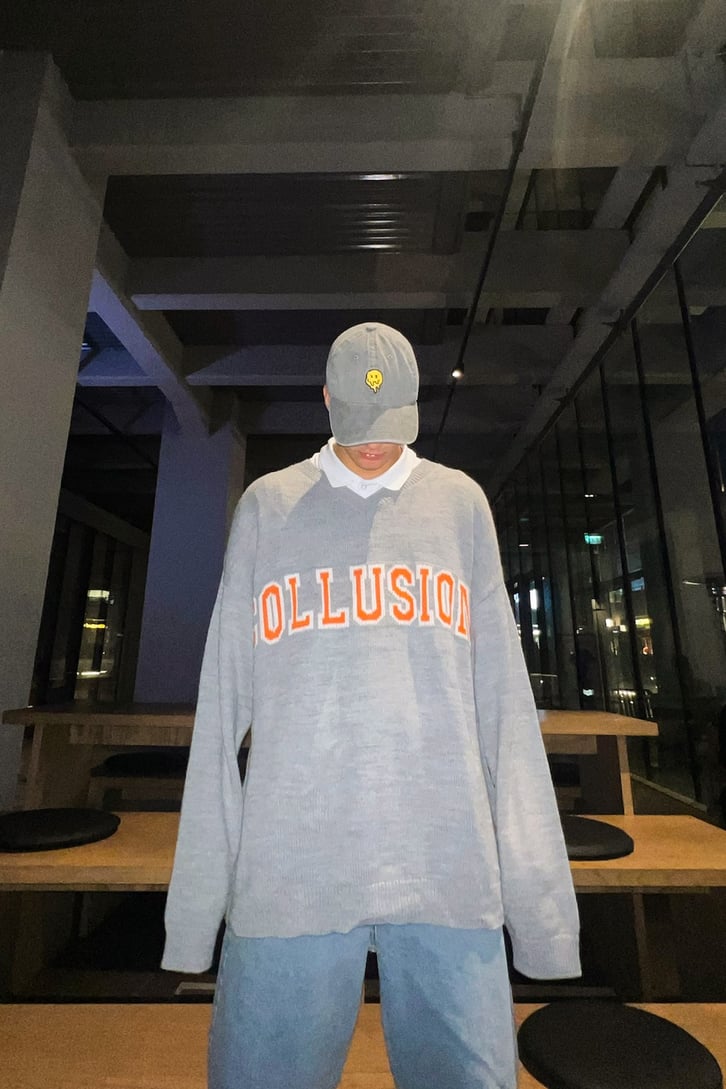 C Letter Oversize Gri Triko Kazak
