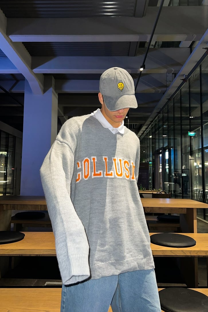 C Letter Oversize Gri Triko Kazak