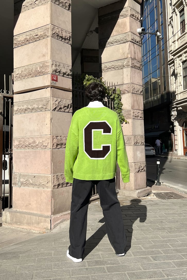 C Letter Oversize Yeşil Triko Kazak
