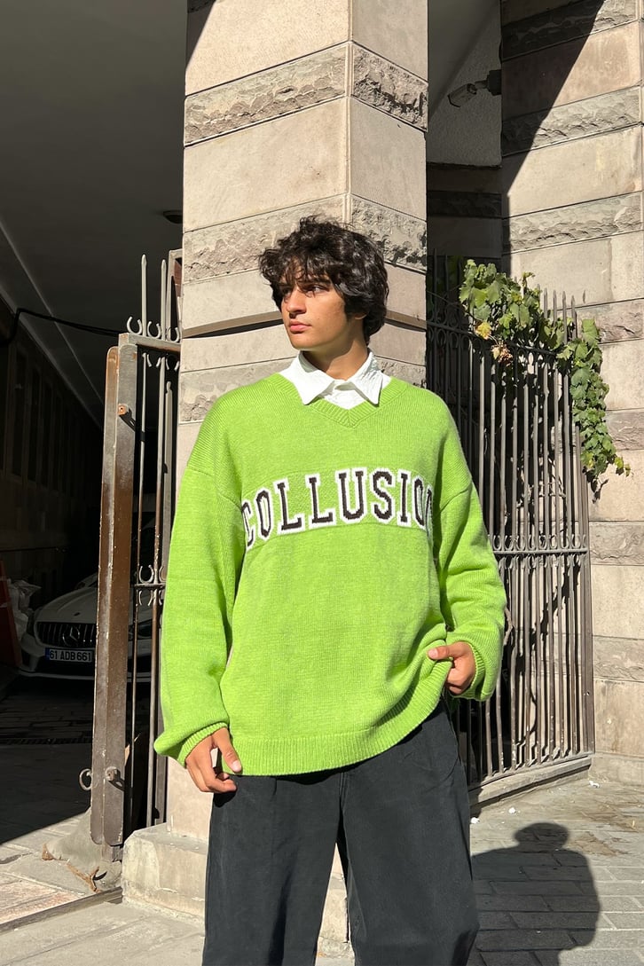 C Letter Oversize Yeşil Triko Kazak