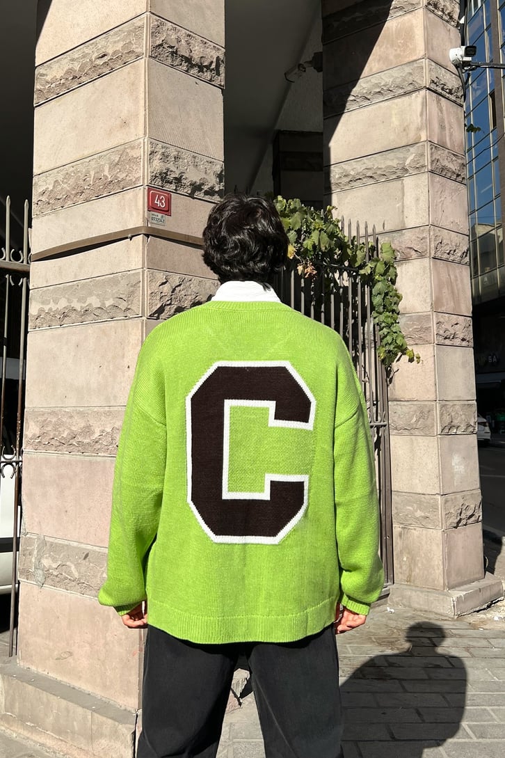 C Letter Oversize Yeşil Triko Kazak