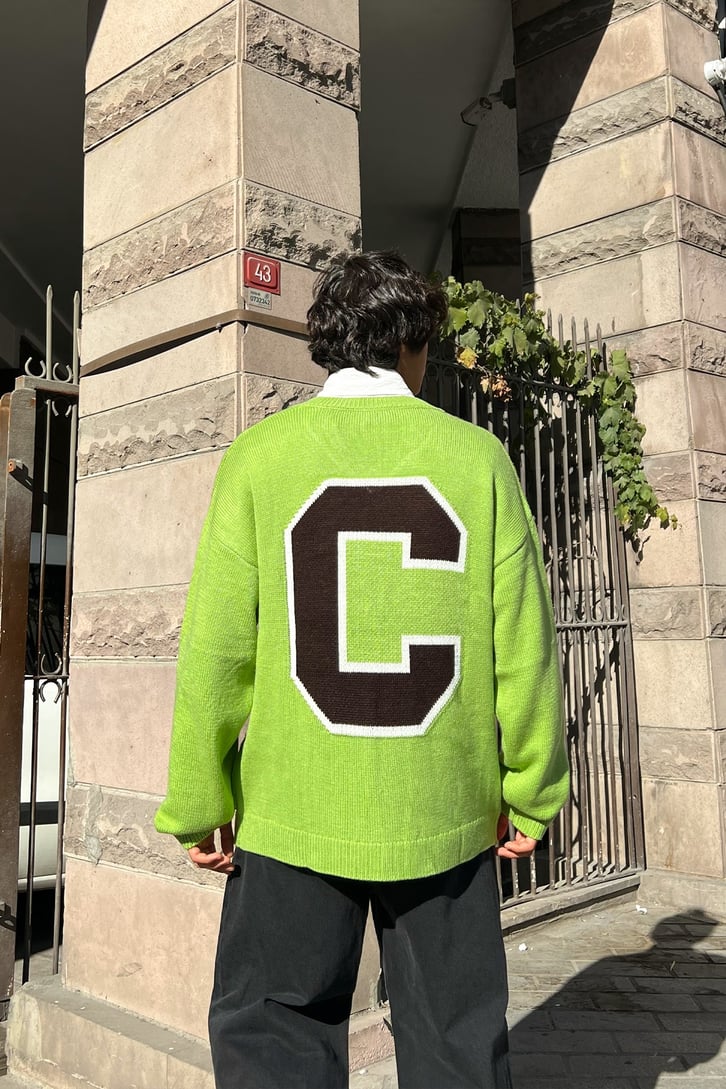 C Letter Oversize Yeşil Triko Kazak