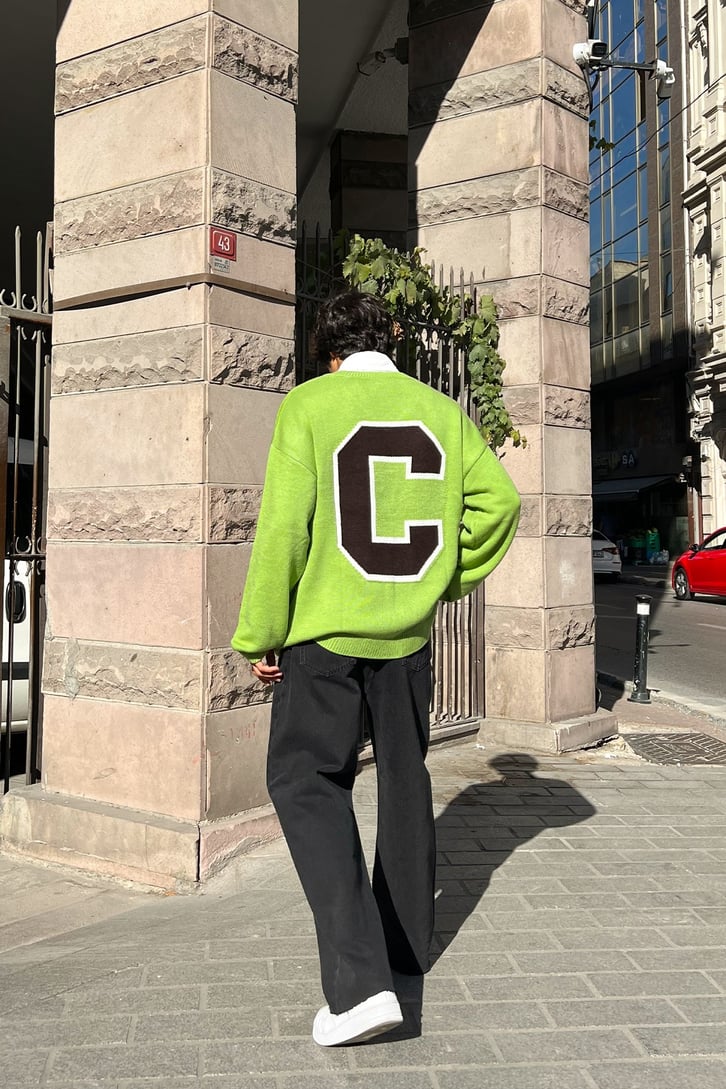 C Letter Oversize Yeşil Triko Kazak