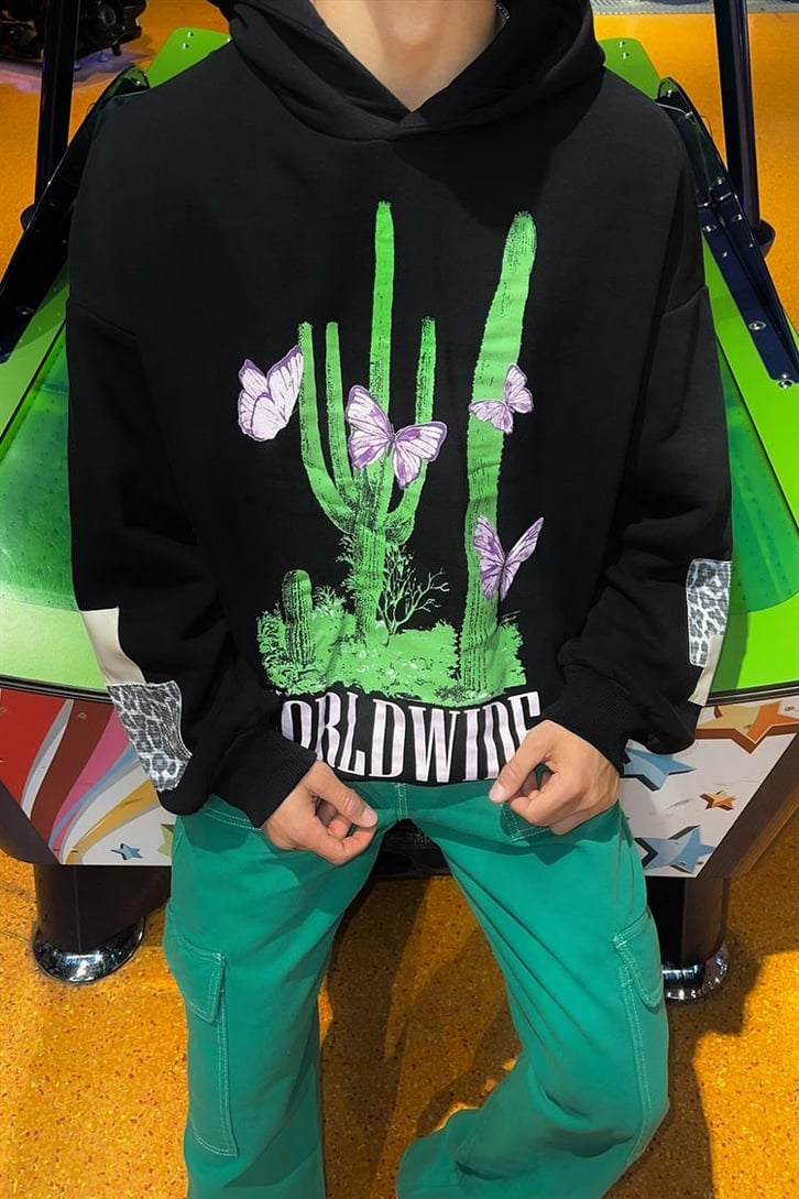 Cactus Butterfly Baskılı Siyah İçi Pamuklu Oversize Hoodie
