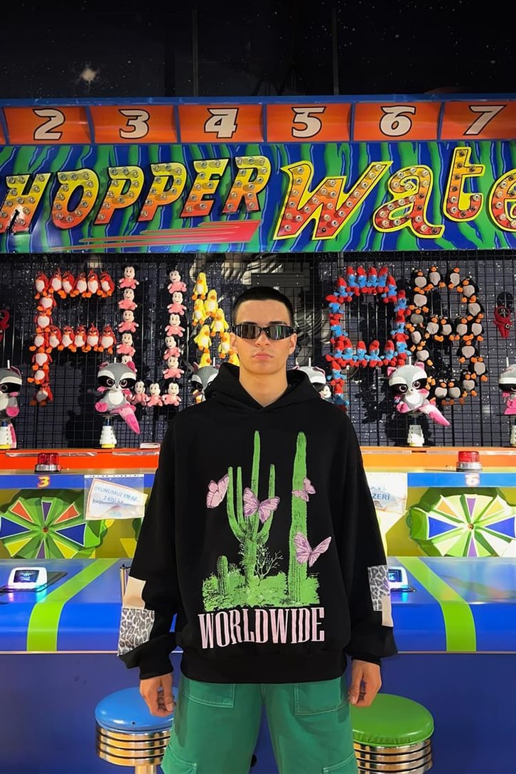 Cactus Butterfly Baskılı Siyah İçi Pamuklu Oversize Hoodie
