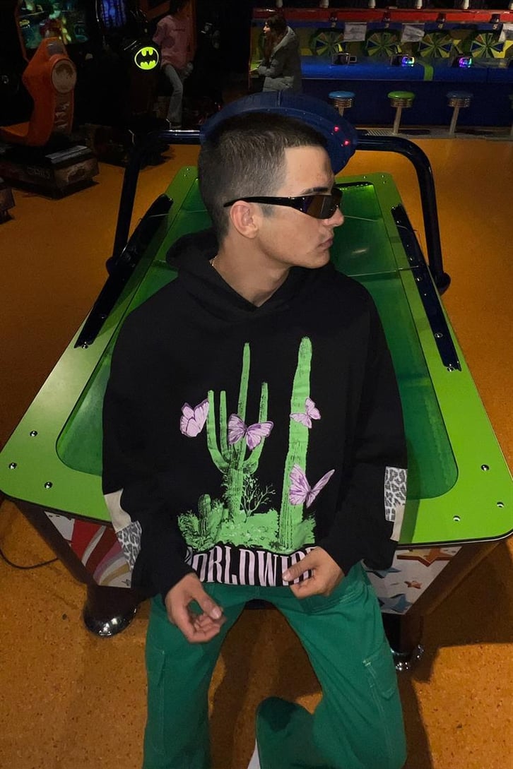 Cactus Butterfly Baskılı Siyah İçi Pamuklu Oversize Hoodie