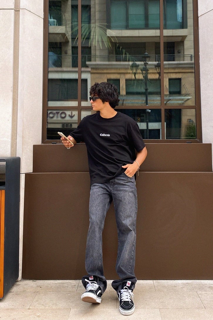California Nakışlı  Siyah Oversize Tshirt