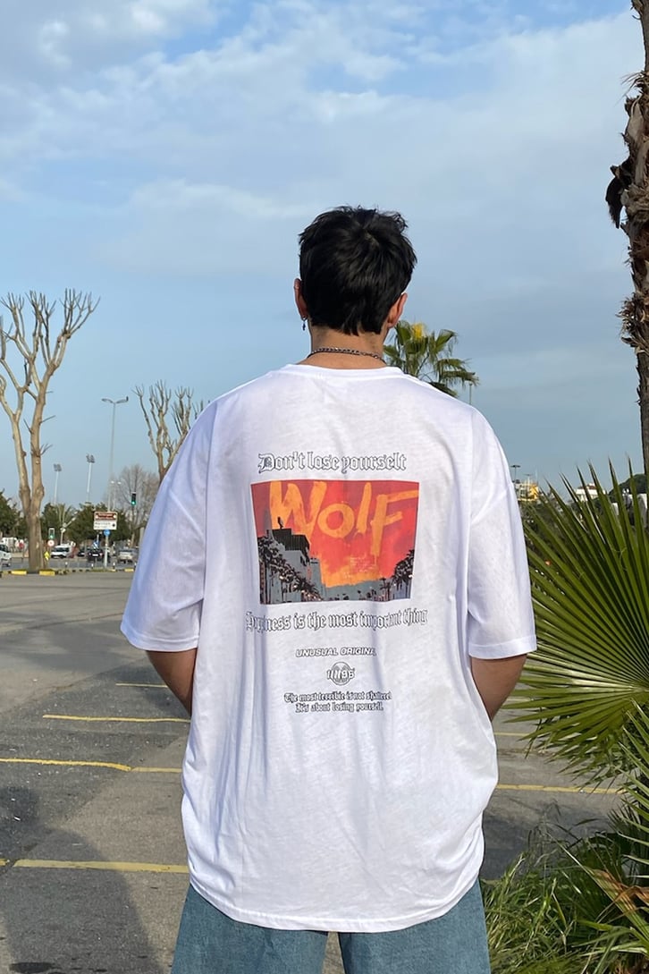 California Wolf Oversize Printed Beyaz Tshirt