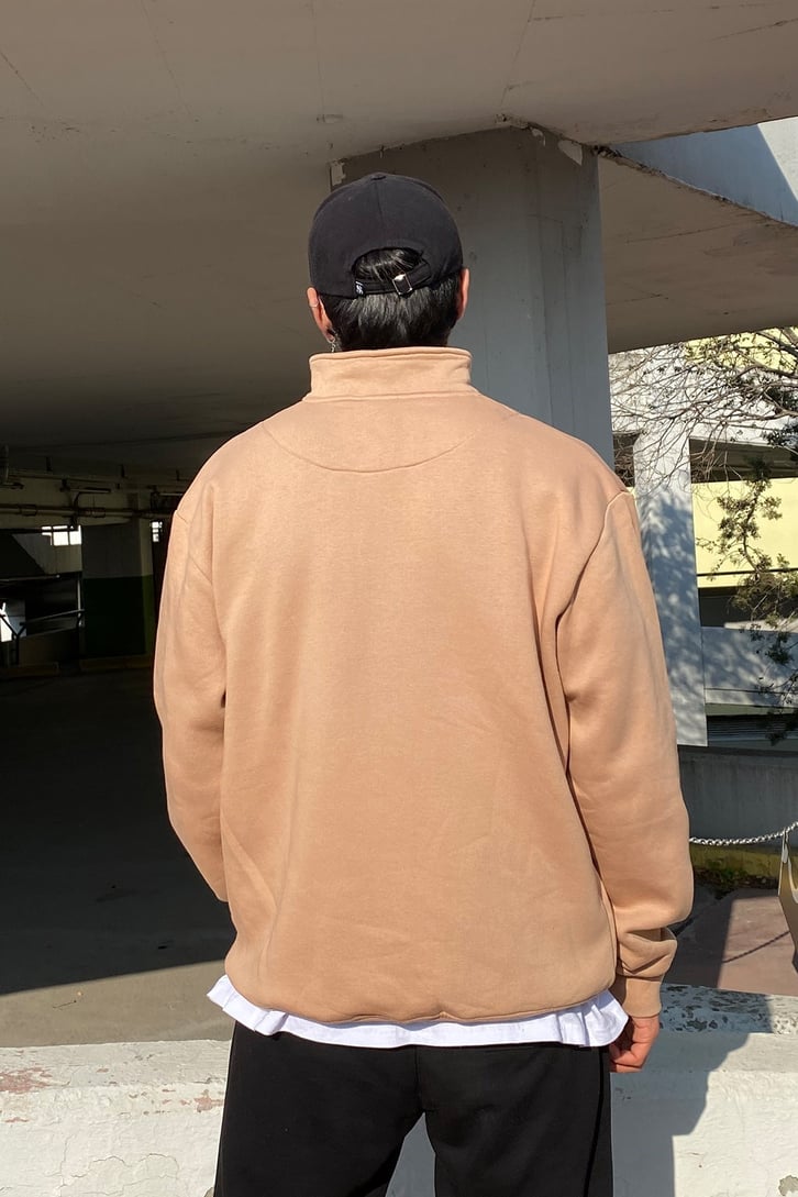 Camel Overisze Semi Zip-Up Basic Sweatshirt
