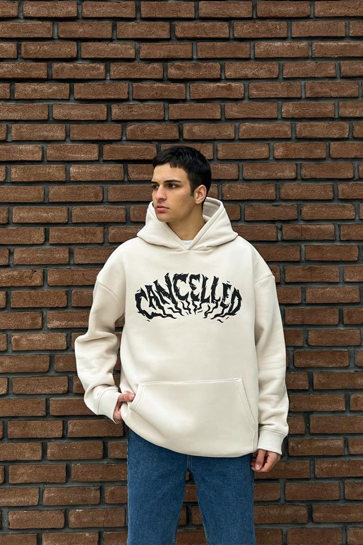Cancelled Baskılı Bej Oversize Hoodie