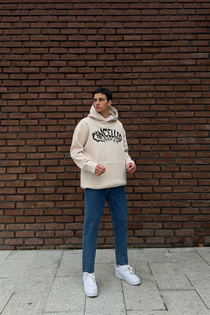 Cancelled Baskılı Bej Oversize Hoodie