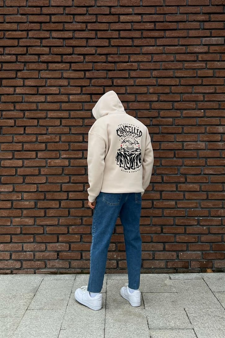 Cancelled Baskılı Bej Oversize Hoodie