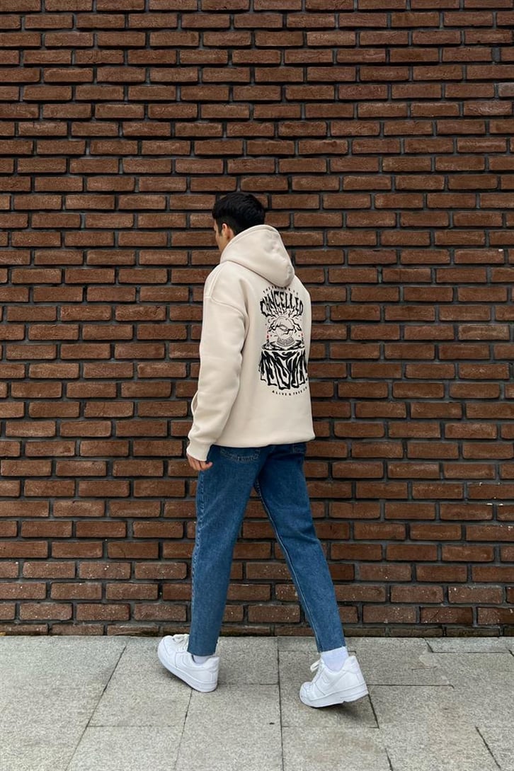 Cancelled Baskılı Bej Oversize Hoodie