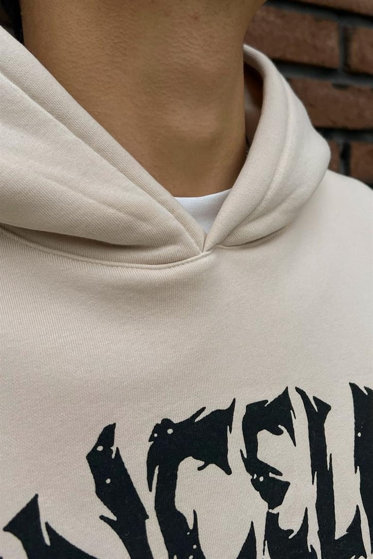 Cancelled Baskılı Bej Oversize Hoodie