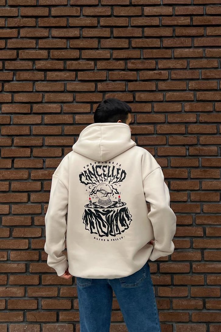 Cancelled Baskılı Bej Oversize Hoodie