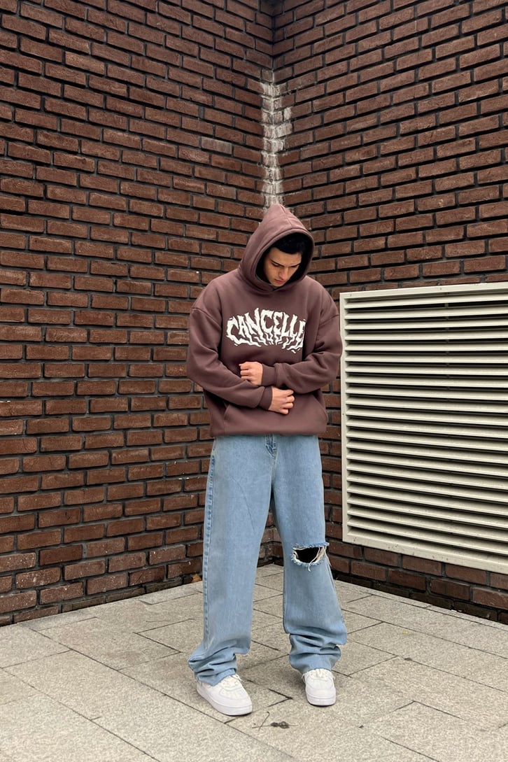 Cancelled Baskılı Kahverengi Oversize Hoodie
