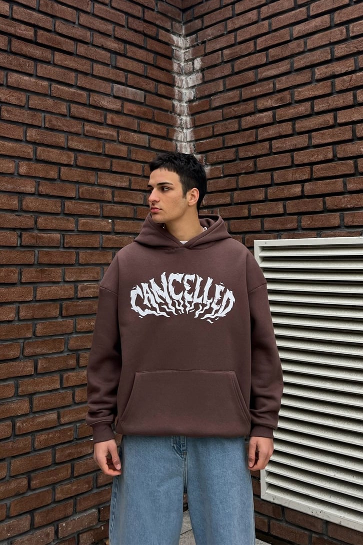 Cancelled Baskılı Kahverengi Oversize Hoodie