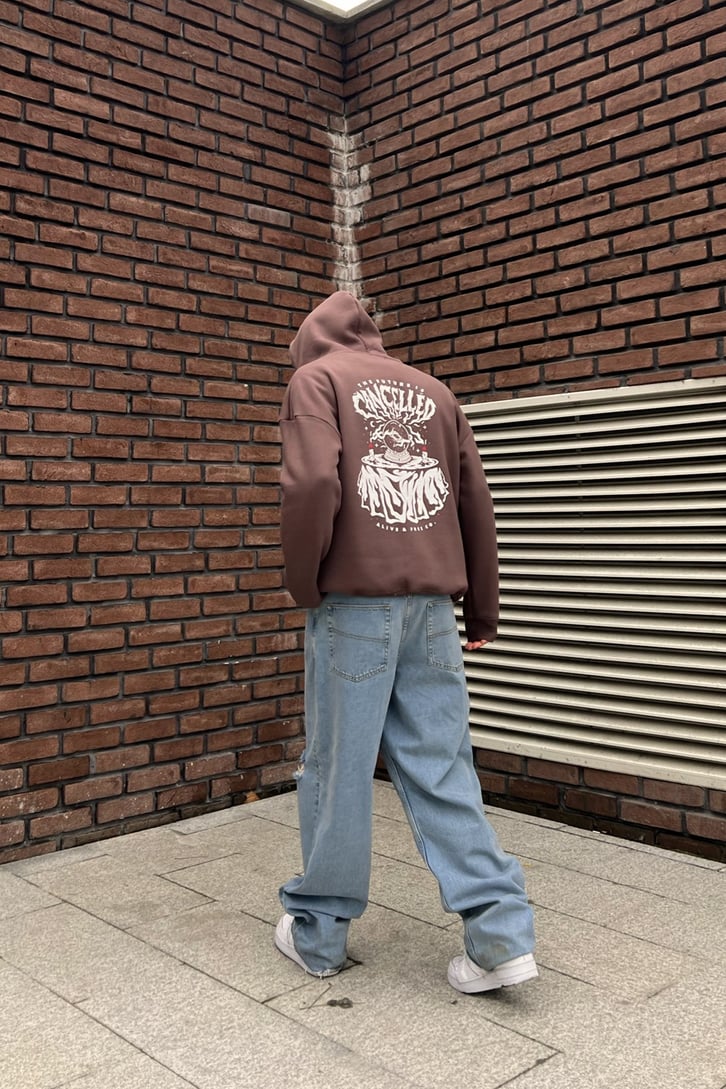 Cancelled Baskılı Kahverengi Oversize Hoodie