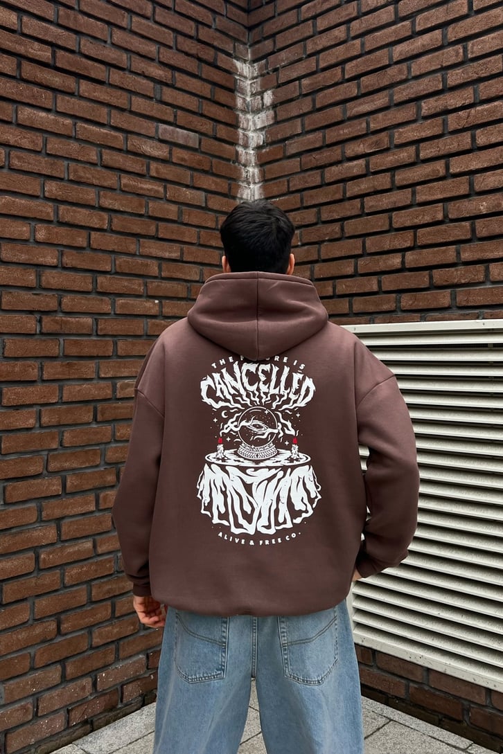 Cancelled Baskılı Kahverengi Oversize Hoodie