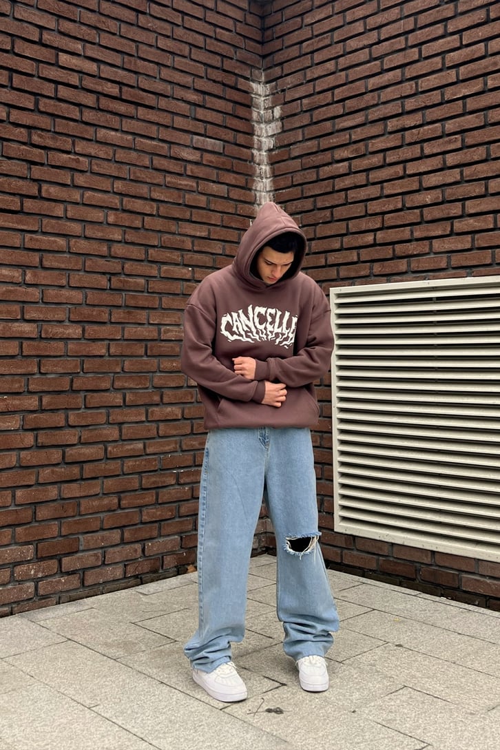 Cancelled Baskılı Kahverengi Oversize Hoodie