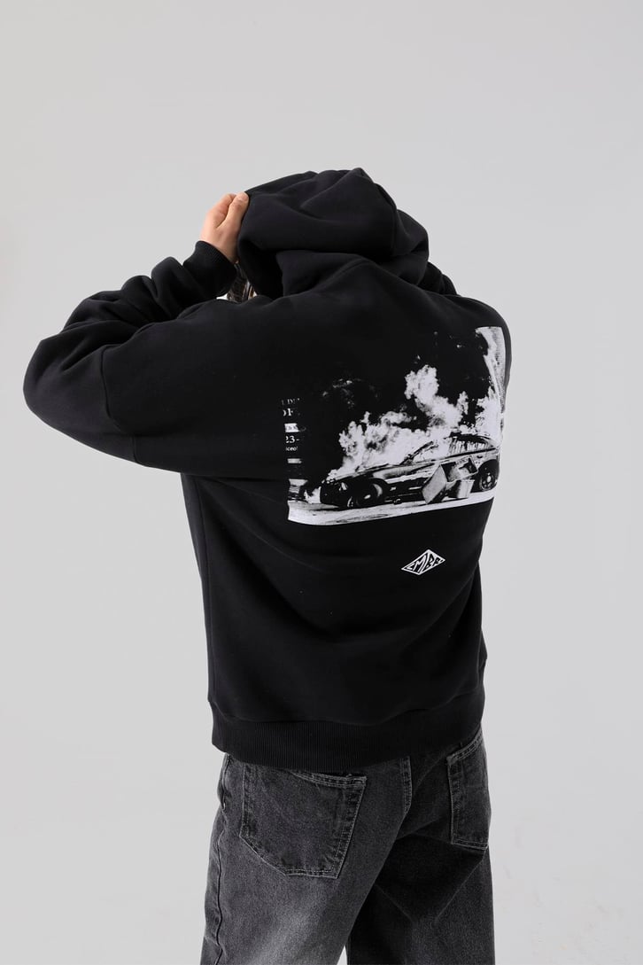 Canver Nakışlı Siyah Oversize Hoodie