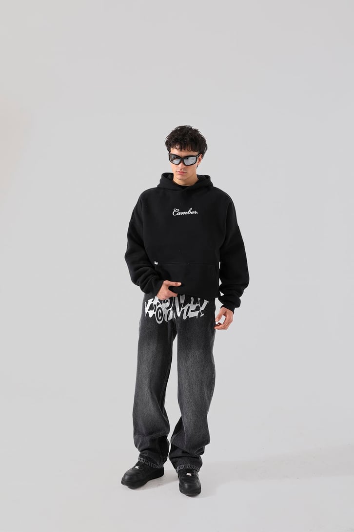 Canver Nakışlı Siyah Oversize Hoodie