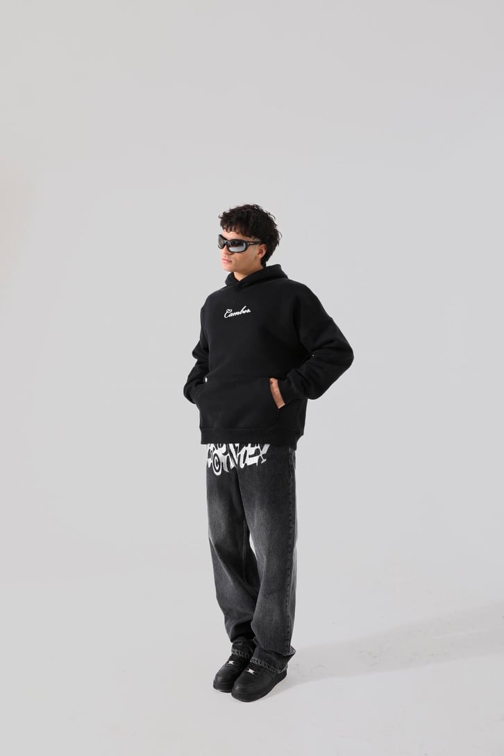 Canver Nakışlı Siyah Oversize Hoodie