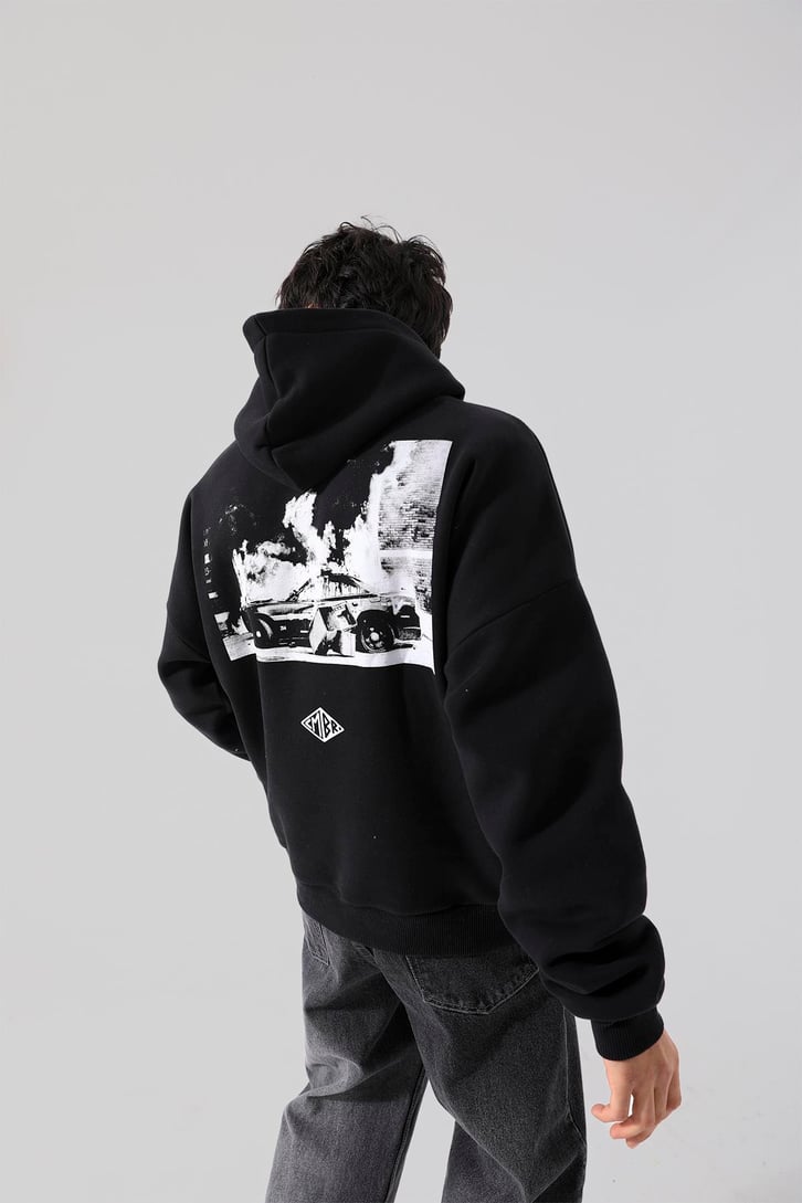 Canver Nakışlı Siyah Oversize Hoodie