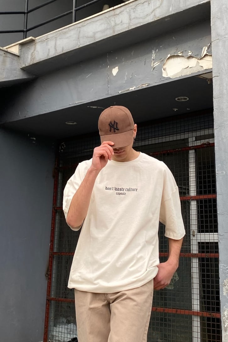 Capsule Text Printed Oversize Cream Tshirt