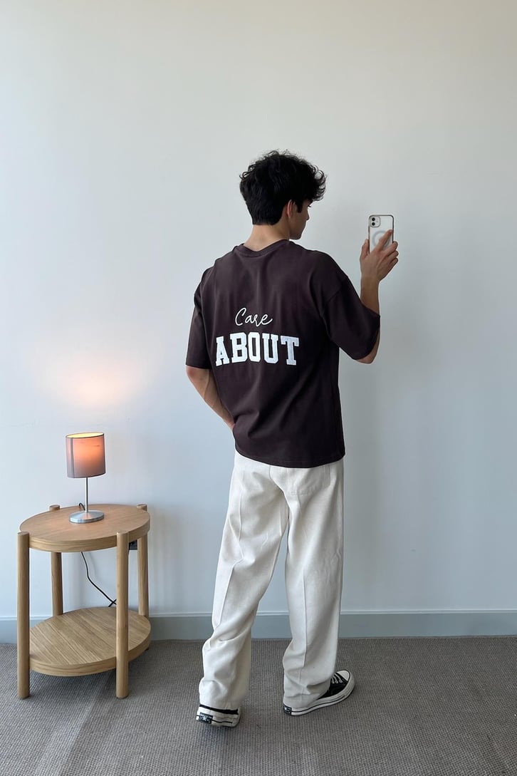 Care About Baskılı Kahverengi Oversize Tişört