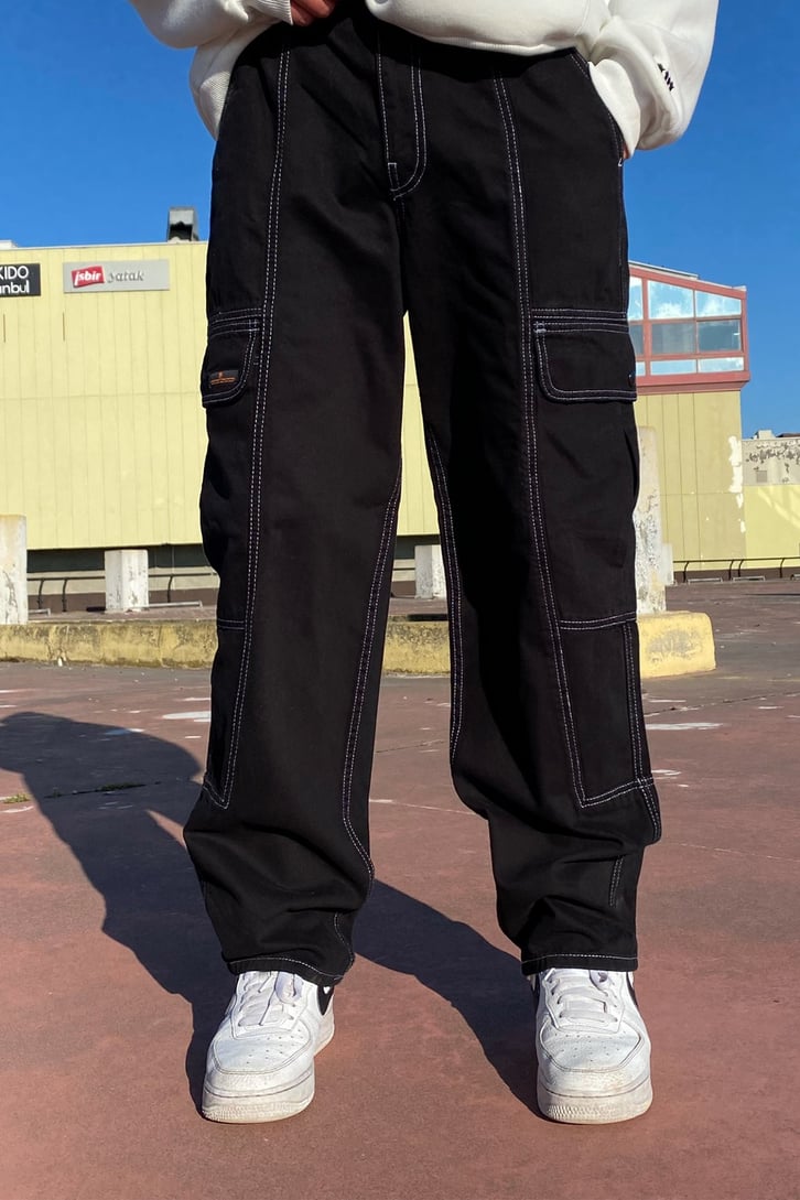 Cargo Pocket Dikiş Detay Siyah Losse Fit Pants