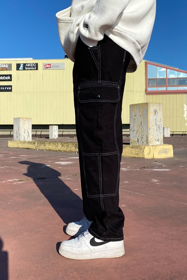 Cargo Pocket Dikiş Detay Siyah Losse Fit Pants