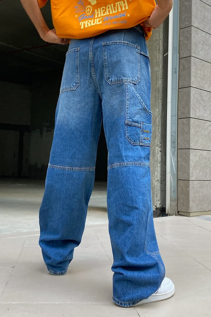 Cargo Pocket Kot Mavisi Baggy Jean