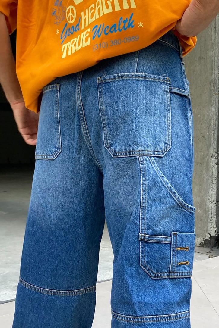 Cargo Pocket Kot Mavisi Baggy Jean