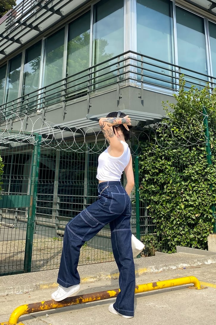 Cargo Pocket Lacivert Baggy Jean