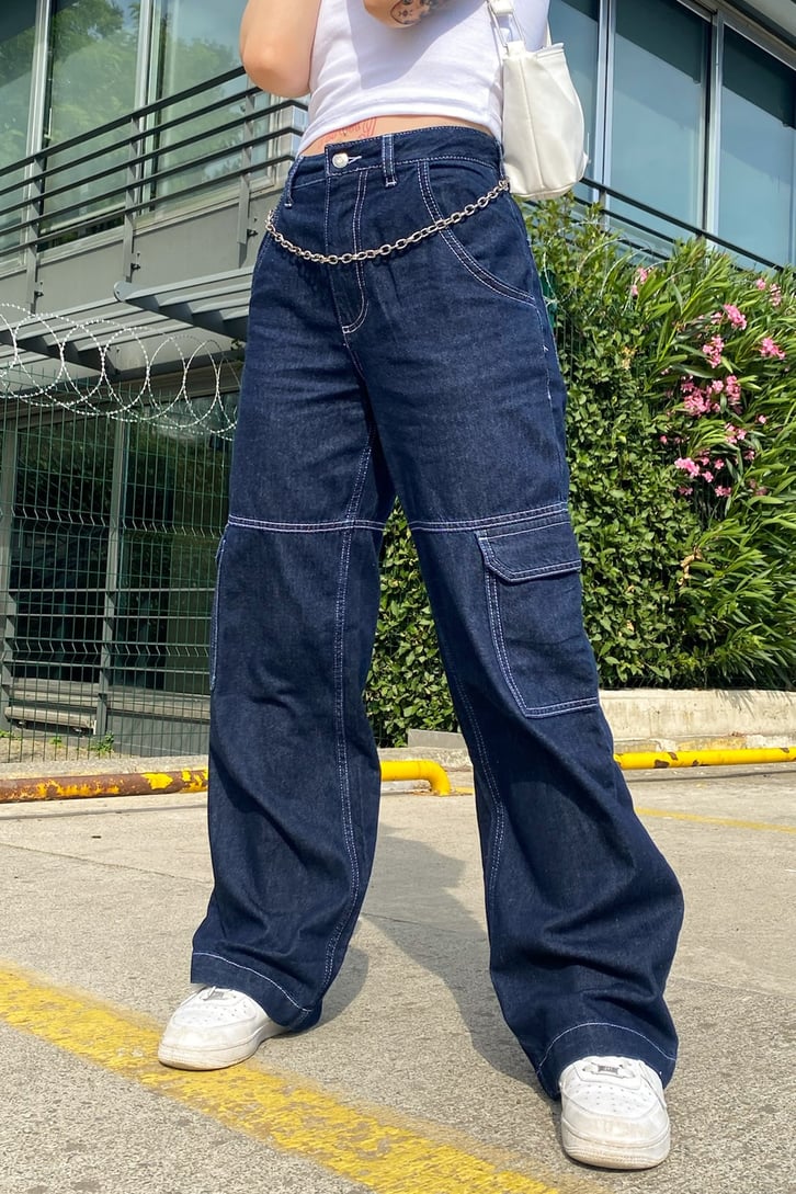 Cargo Pocket Lacivert Baggy Jean