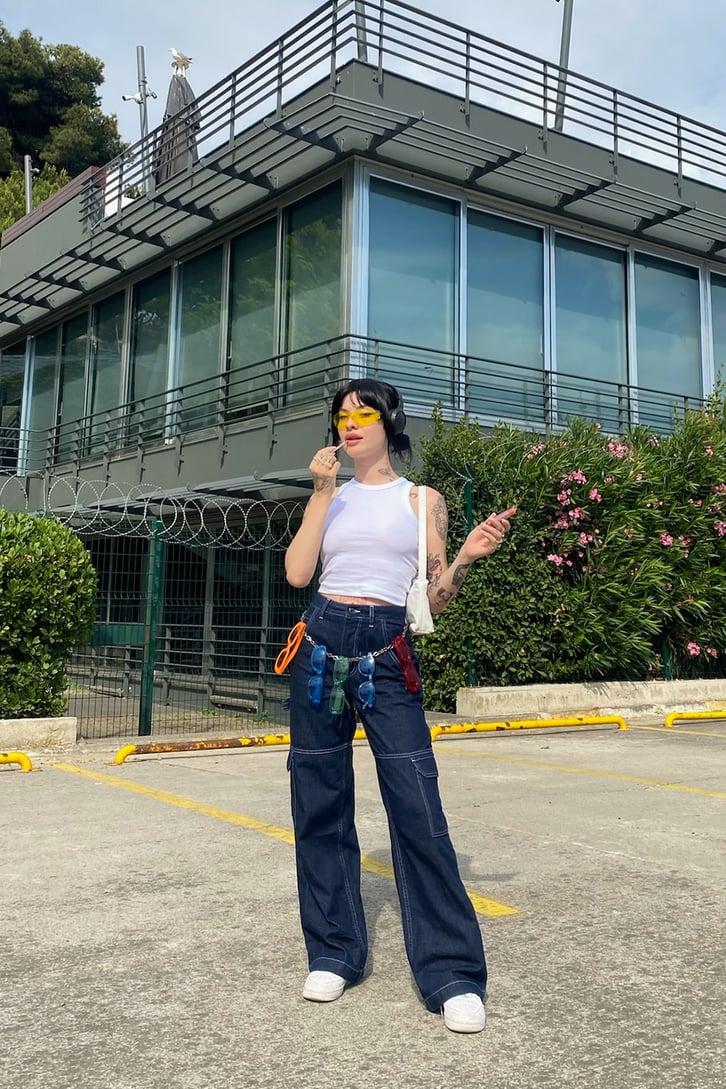 Cargo Pocket Lacivert Baggy Jean