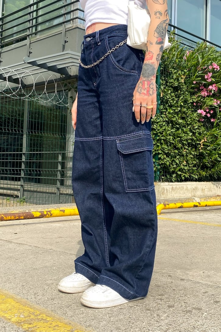 Cargo Pocket Lacivert Baggy Jean