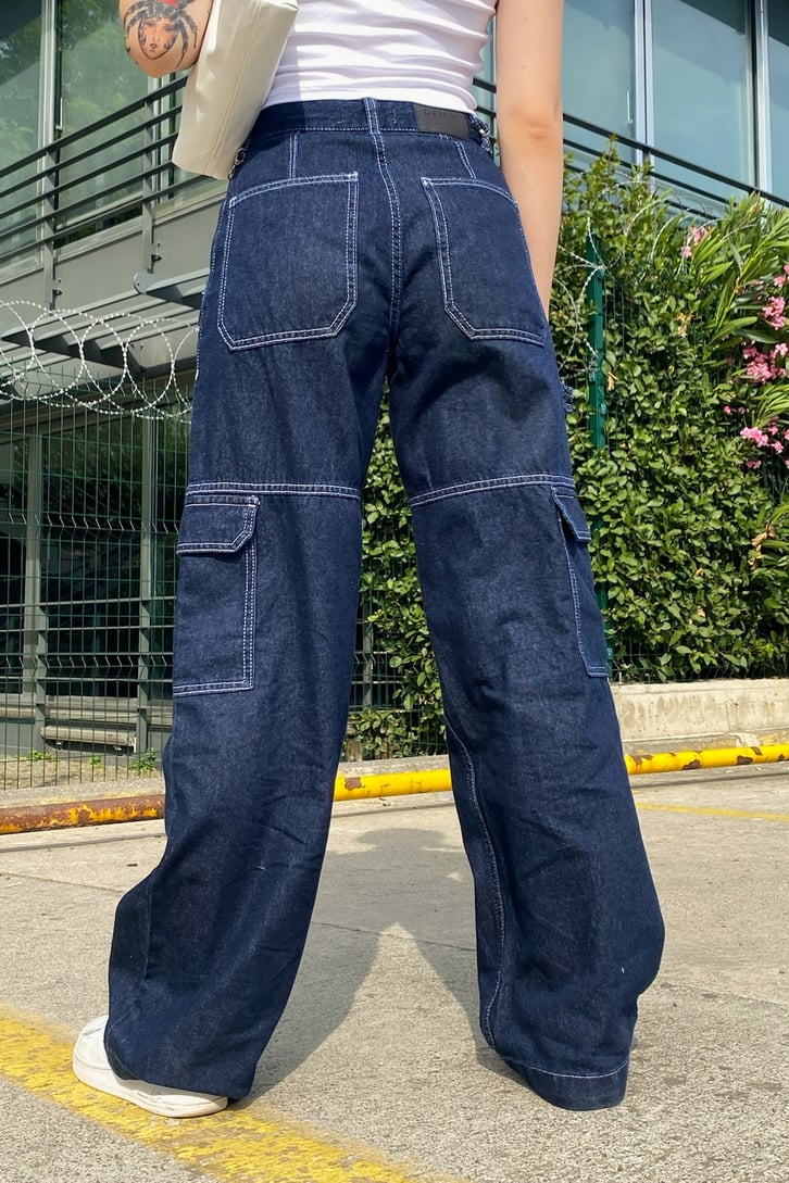 Cargo Pocket Lacivert Baggy Jean