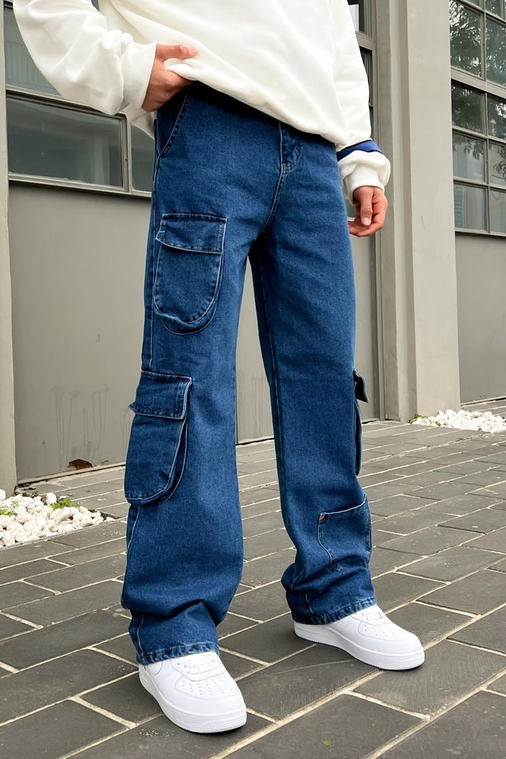 Cargo Pocket Mavi Baggy Jean